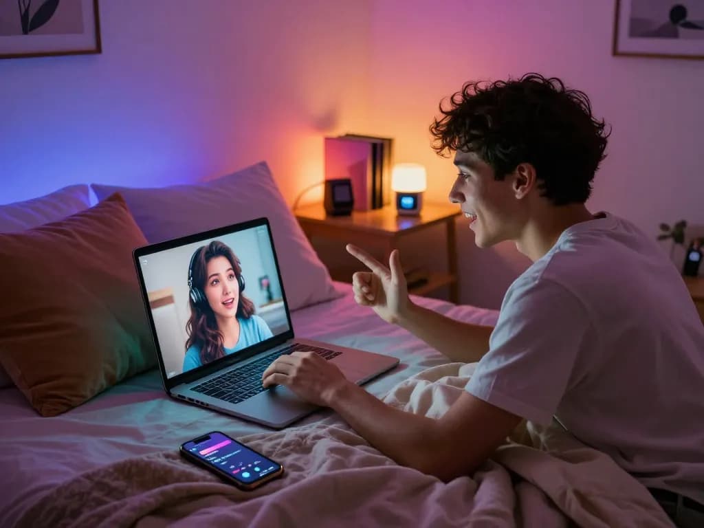 User engaged with nsfw ai character on laptop in cozy bedroom.