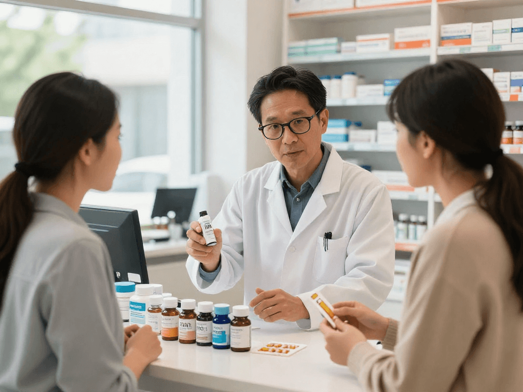 Pharmacist discussing TB 500 benefits with a customer in a modern pharmacy, highlighting innovative health solutions.