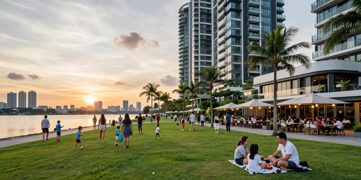 Tanjong Rhu Residences with community enjoying waterfront amenities and sunset views.