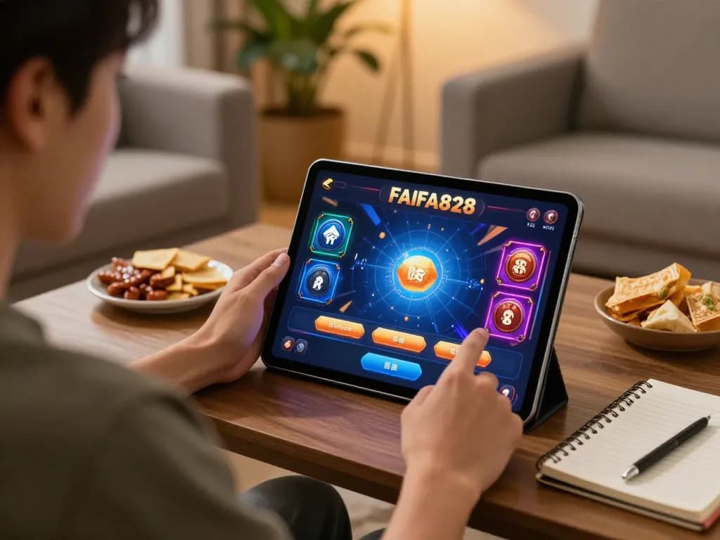 Player enjoying FAFA828's online casino gameplay on a tablet in a cozy home environment.