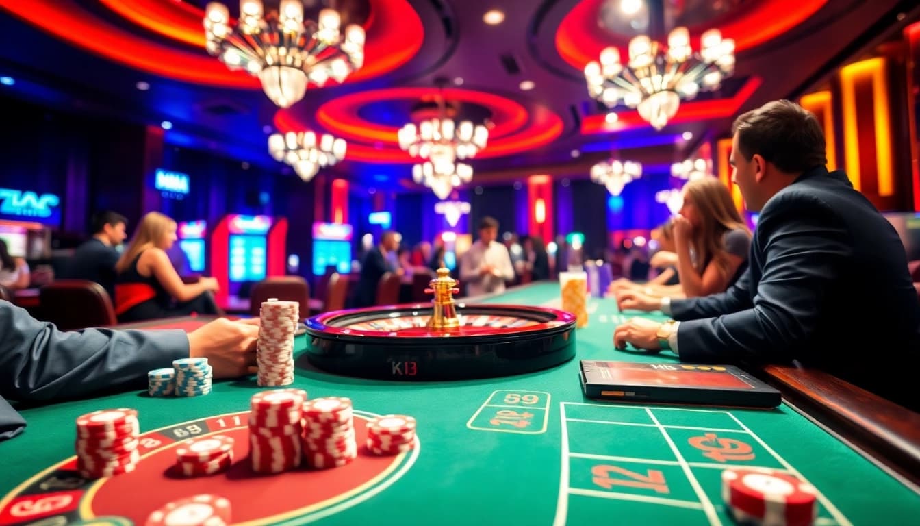 Exciting casino scene featuring KJC AC 3 gaming with roulette wheels and poker tables.