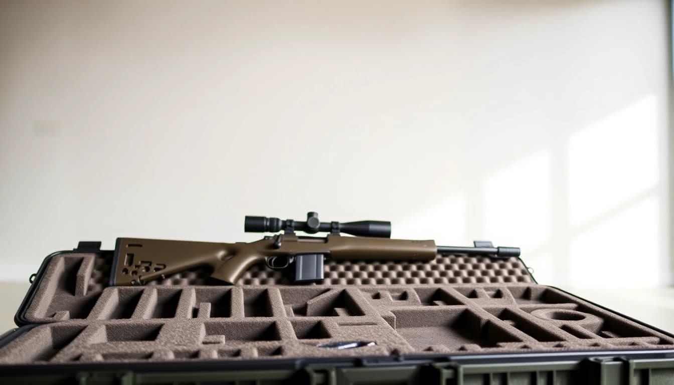 Showcase of foam for rifle case with organized compartments designed for safe storage.