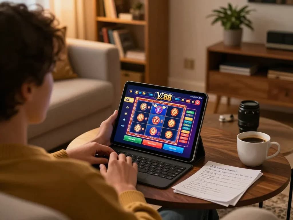 Individual enjoying online casino gaming on LV88 app, surrounded by cozy home elements.