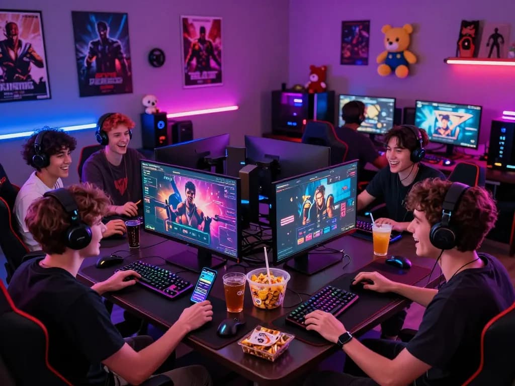 Exciting gaming lounge where friends enjoy interactive porn games html on large monitors and mobile devices.