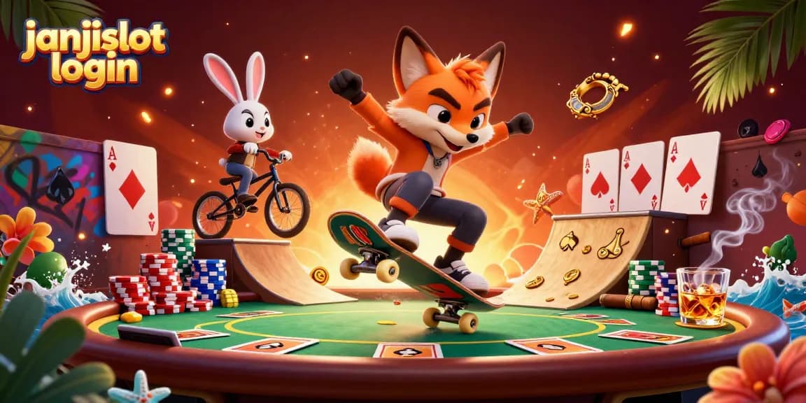 A playful scene featuring a cartoon fox performing tricks and enjoying the janjislot login experience amid vibrant casino elements.