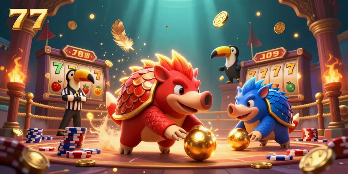 Engage with the vibrant action of 777 in this 3D casino scene filled with playful pangolins and dynamic gaming elements.