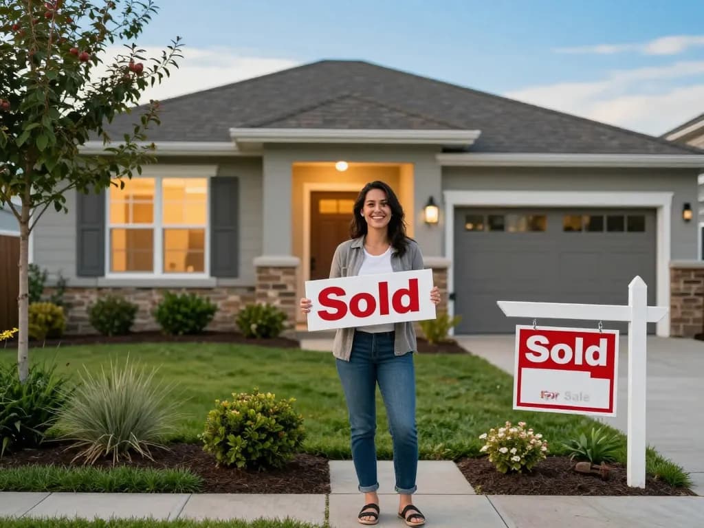 Homeowner celebrating after selling house fast for cash, with a "Sold" sign in front of a beautiful home.