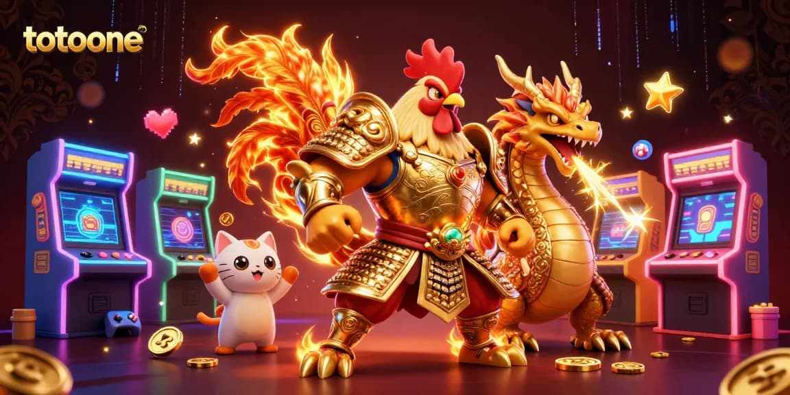Totoone menampilkan gambar ilustrasi 3D dengan pertarungan ayam dan naga dalam suasana kasino.