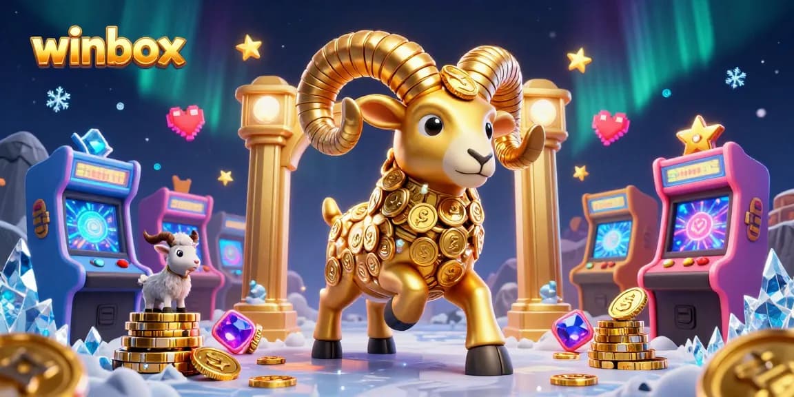 Winbox showcases a golden ram charging through a festive casino, embodying excitement and adventure.