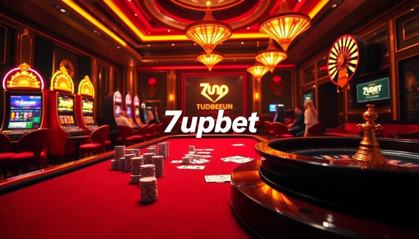 Players enjoying poker and slots at 7upbet casino, showcasing excitement and luxury.
