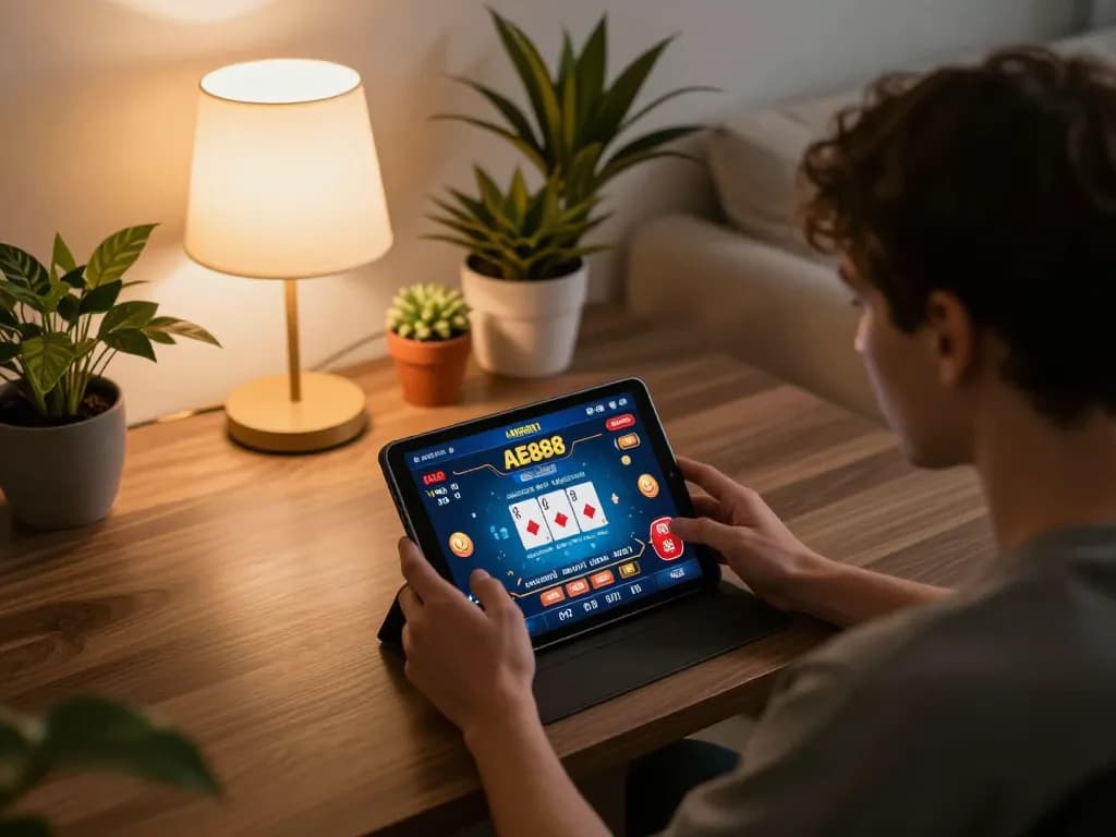 Experience NHÀ CÁI AE888 with immersive online gameplay on a stylish tablet at home.