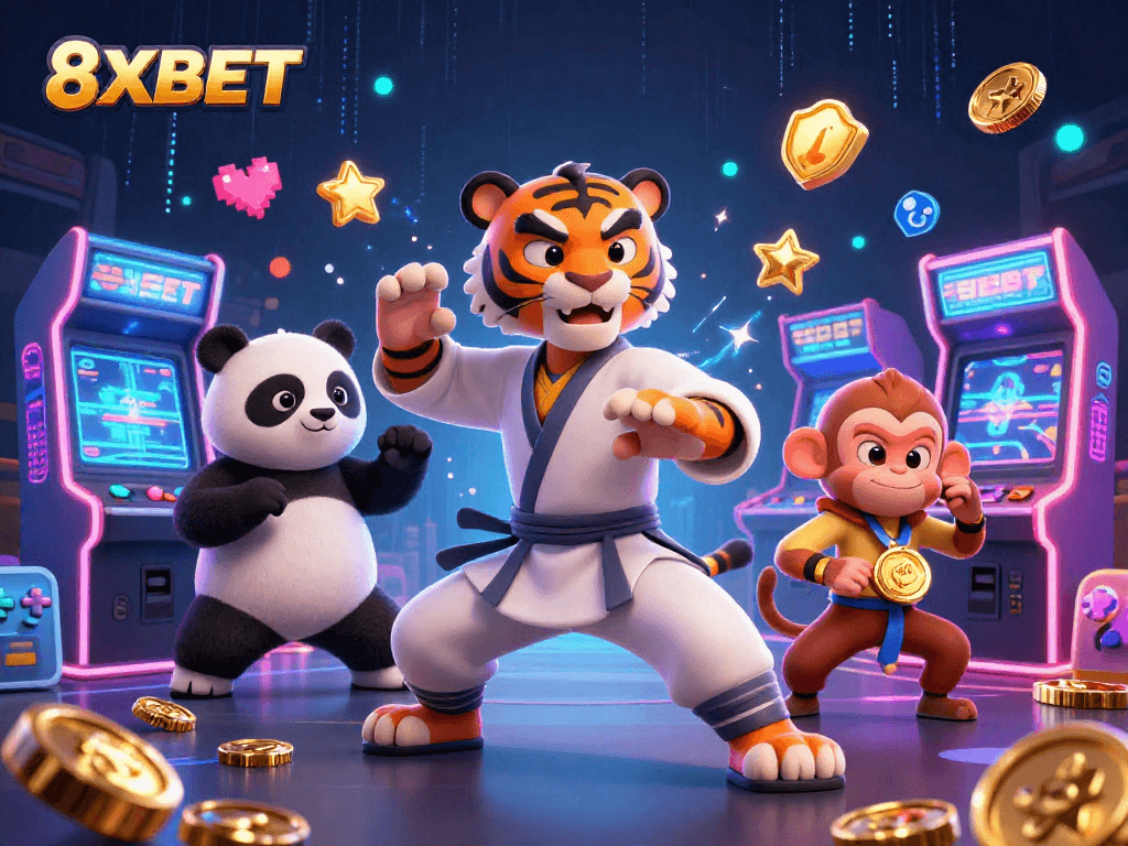 Engage with 8XBET's thrilling entertainment scene featuring a kung fu tiger and friends.