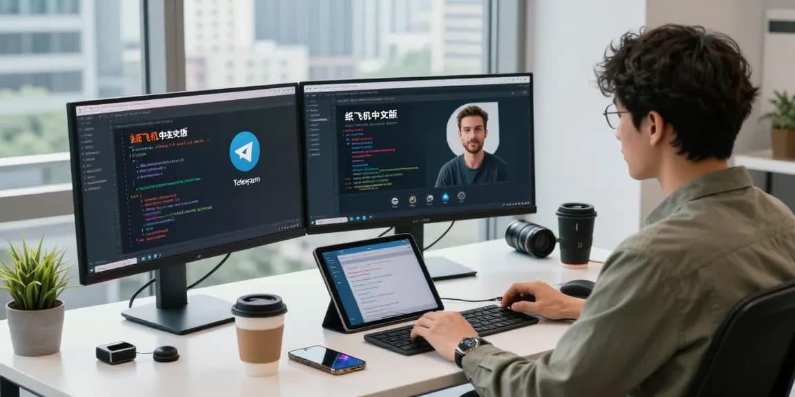 Young professional demonstrating features of 纸飞机中文版 in a modern tech workspace.