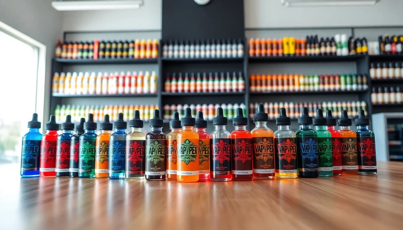 Discover diverse flavors at Vape Juice Depot with vibrant vape juice bottles in a modern shop setting.