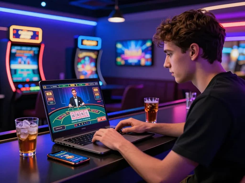 Engaging online baccarat gaming scene with a player focused on their laptop amidst vibrant casino-themed decor.