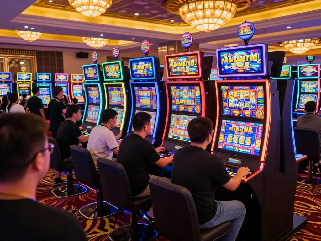 Players engaging with slot777 gacor machines in a vibrant casino setting filled with neon lights and excitement.