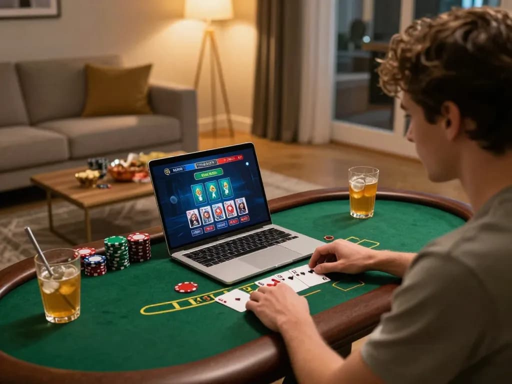Player enjoying a blackjack game on vt88, immersed in an engaging online gambling experience at home.