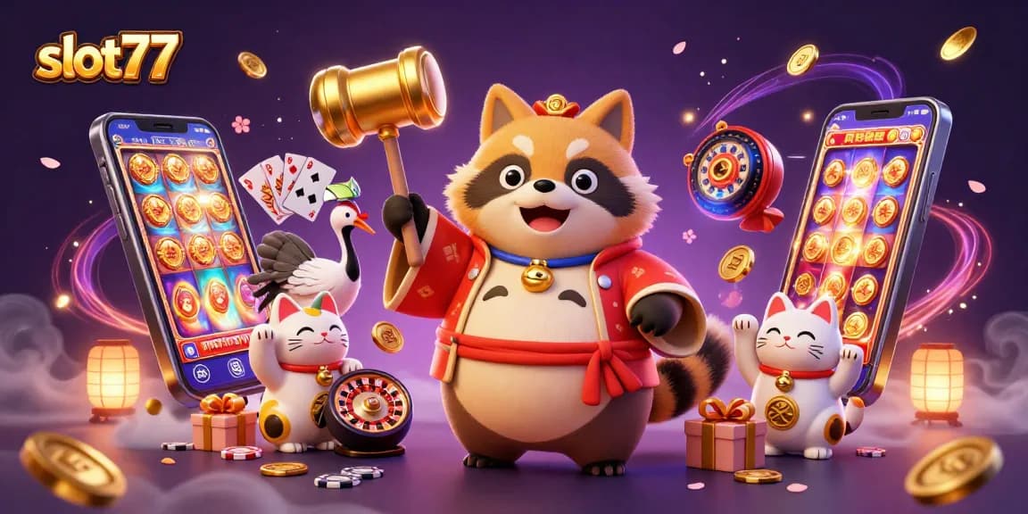 Spin and win at slot77 with cheerful tanuki and lucky charms in a vibrant casino scene.