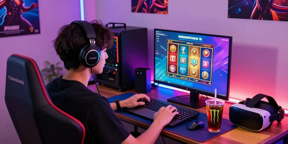 Player focused on GARUDA303 slot depo 1k game on laptop with gaming setup.