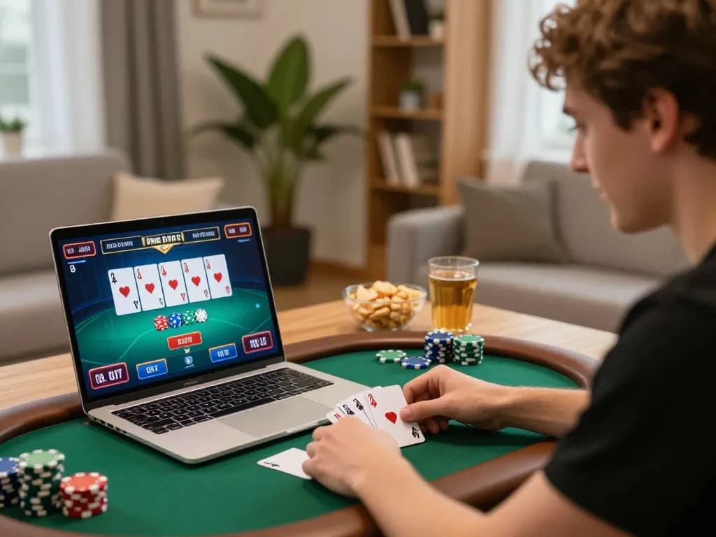 Player enjoying NHÀ CÁI G28 poker game in cozy home setting, focused on strategy and betting
