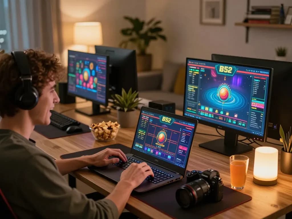A person enjoying the excitement of B52 online casino games at home with vibrant gaming interface visible