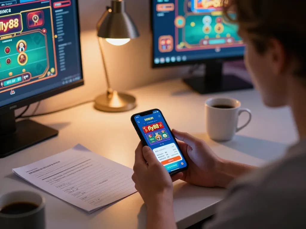 Player engaging with fly88 mobile app in a cozy and stylish home office setting