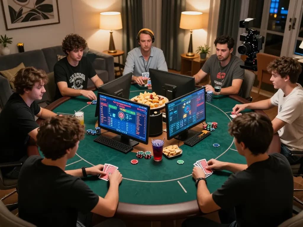 Players strategizing in an online poker game using nano banana 3, highlighting competitive gameplay and digital interfaces at home.