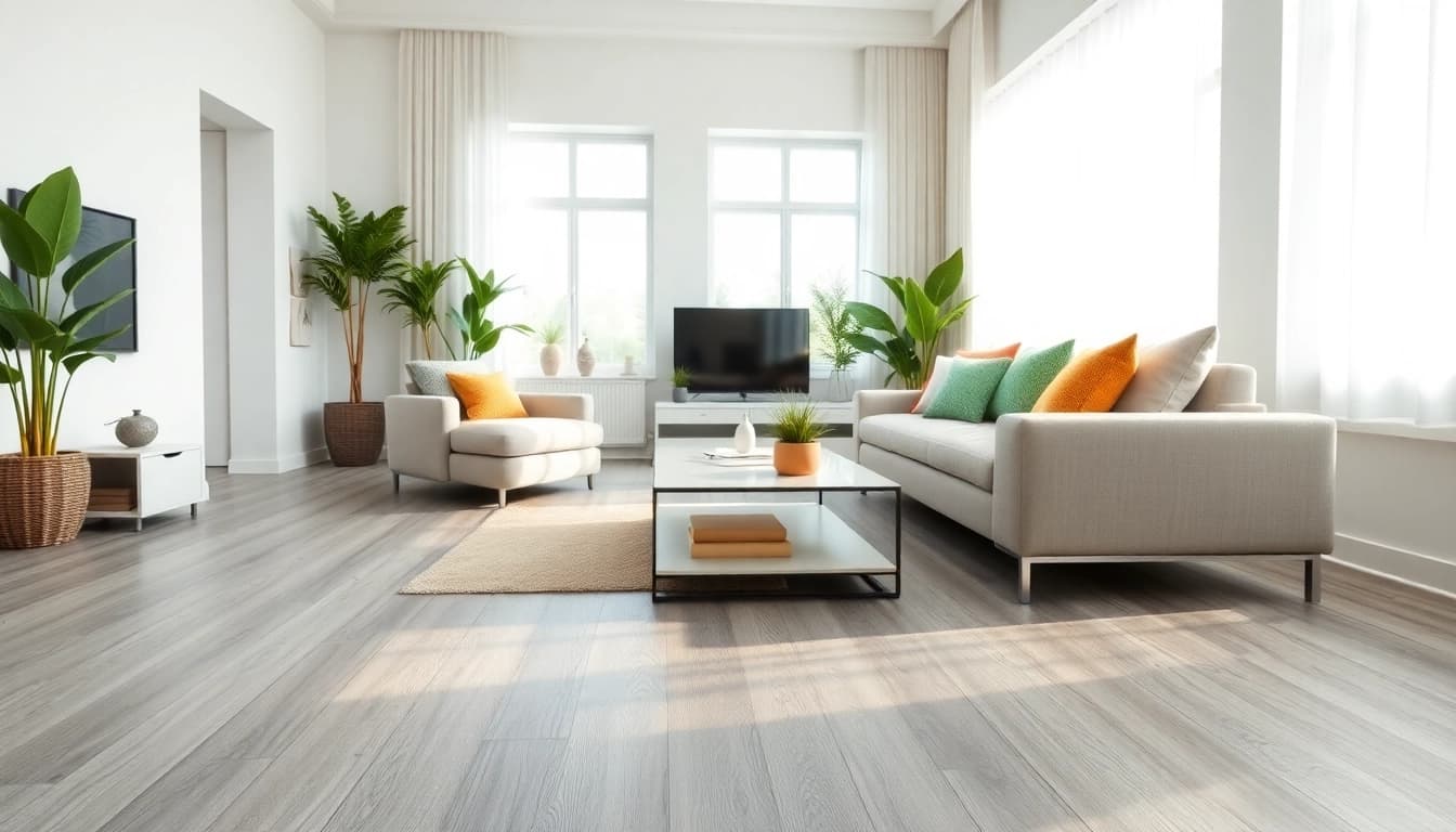 Grey vinyl flooring enhances the elegance of a modern living room filled with natural light.