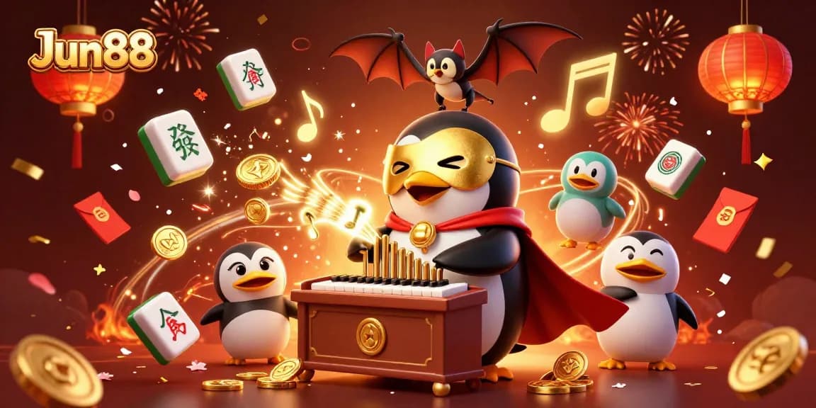 Experience the excitement of Jun88 with a captivating scene featuring a penguin playing golden coins from a grand organ amidst festive elements.