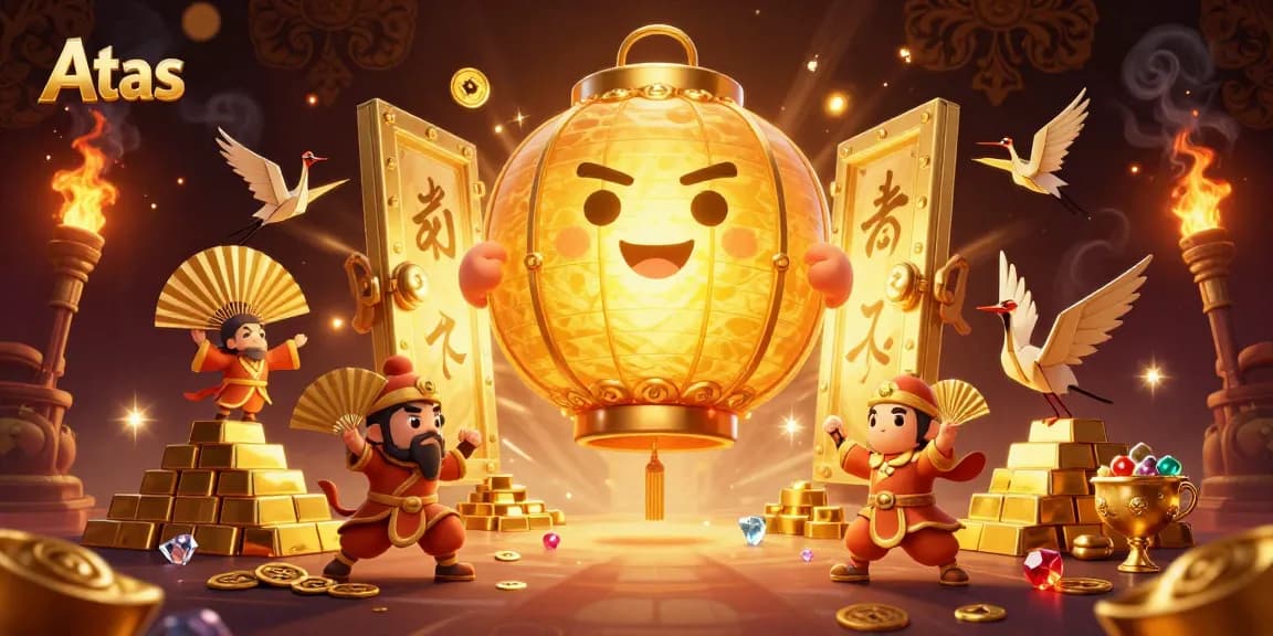 Experience the Atas casino magic with vibrant lanterns and golden treasures in this dynamic scene.