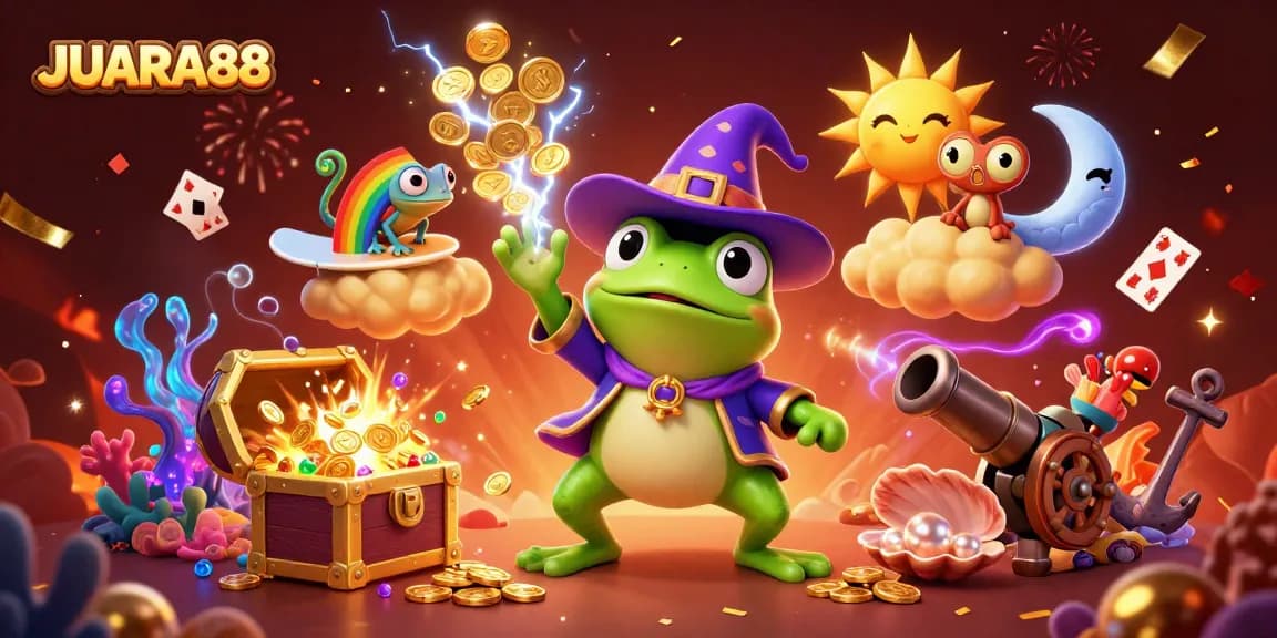Engage in thrilling adventures with JUARA88 as 3D characters create a storm of golden coins and exciting casino elements.