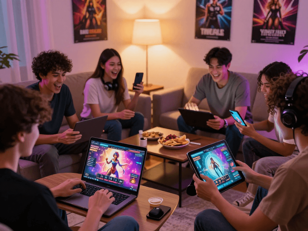 Exciting moment of players engaged in a sex game on various devices, showcasing vibrant graphics and a cozy atmosphere.