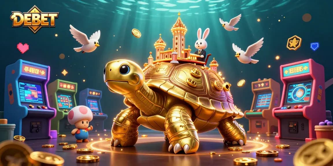 DEBET reveals an enchanting casino scene featuring a giant tortoise with a dealer, gold coins, and arcade games.