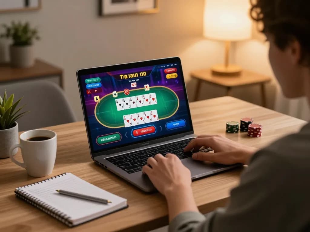 Engaging player exploring NHÀ CÁI MB88 poker game on a laptop in a cozy setup.