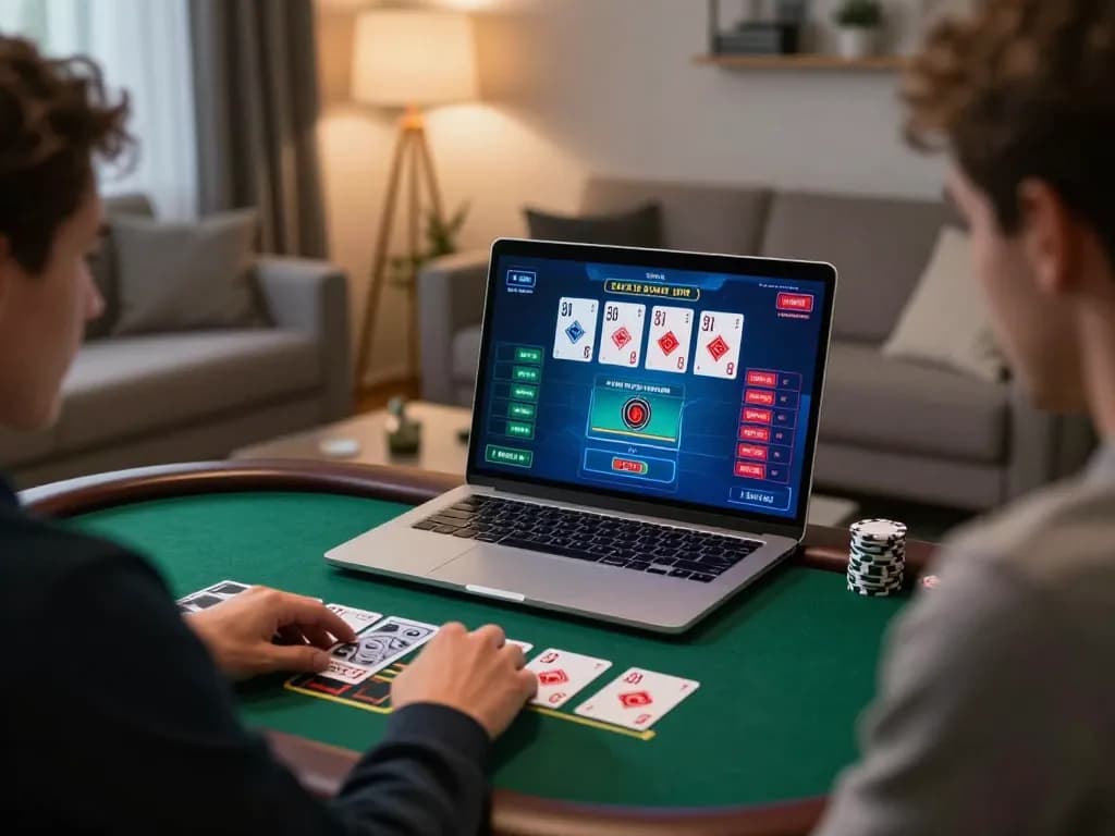 Người chơi Luck8 đang lập chiến lược cho một trò chơi blackjack tại nhà sử dụng laptop trong một không gian ấm cúng.