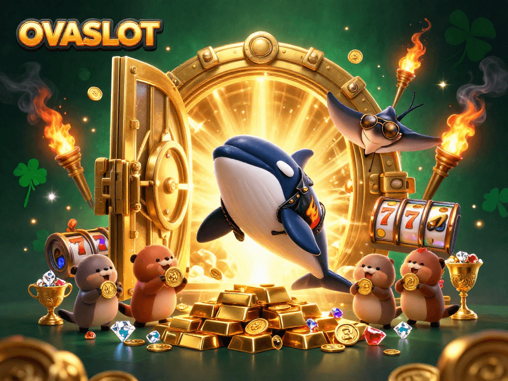 Win big with OVASLOT's dynamic gaming scene featuring vibrant characters and treasure.