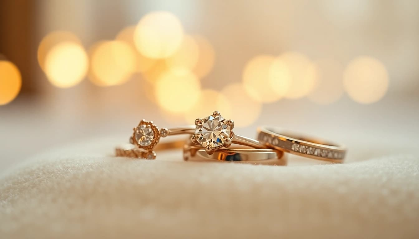 Admire stunning wedding rings showcasing intricate designs and sparkling diamonds in an elegant setting.
