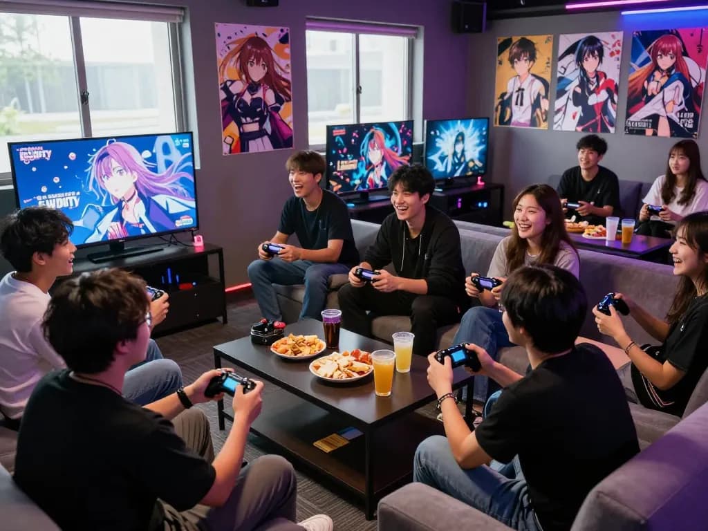 Group of young adults enjoying degrees of lewdity in a vibrant gaming lounge with snacks and controllers