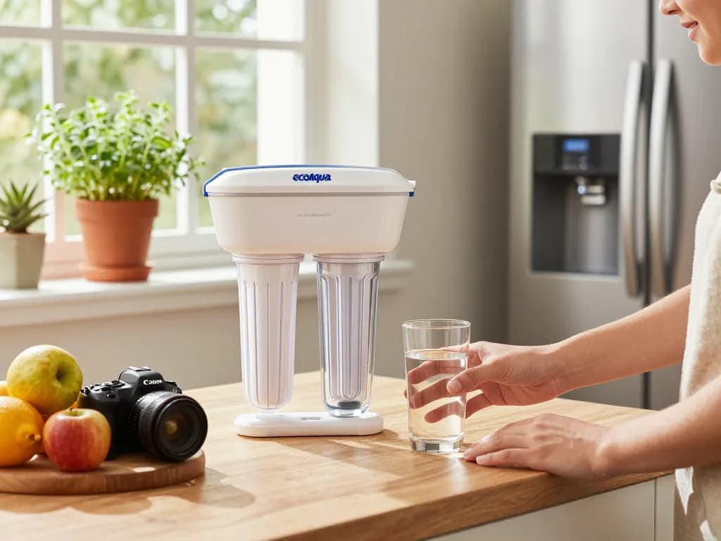 EcoAqua EFF-6027A Replacement Filter enhancing clean water in a sunny home kitchen.