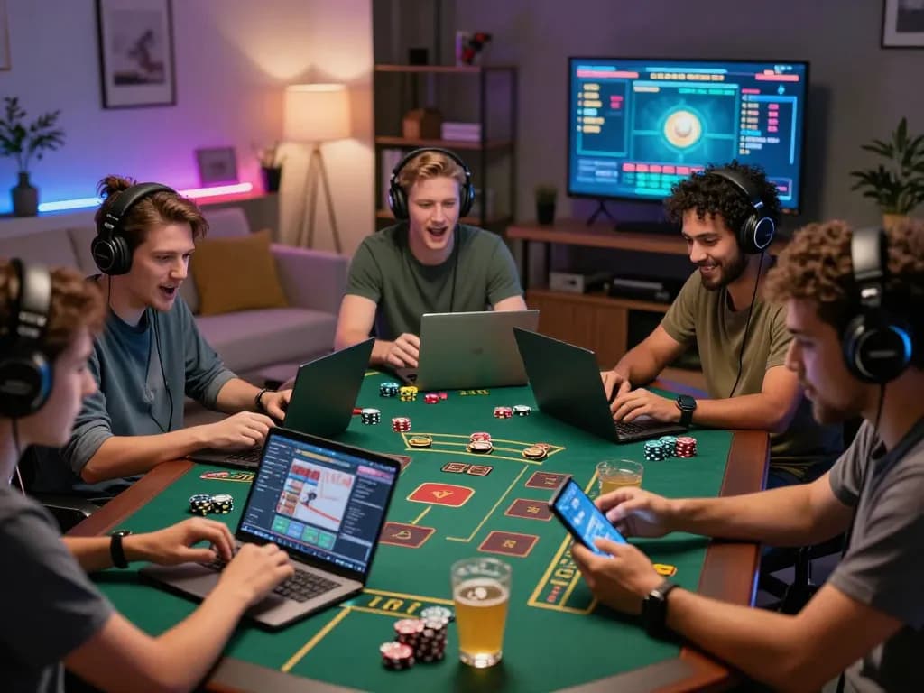 Engaged players enjoying online baccarat on laptops, showcasing dynamic gaming atmosphere