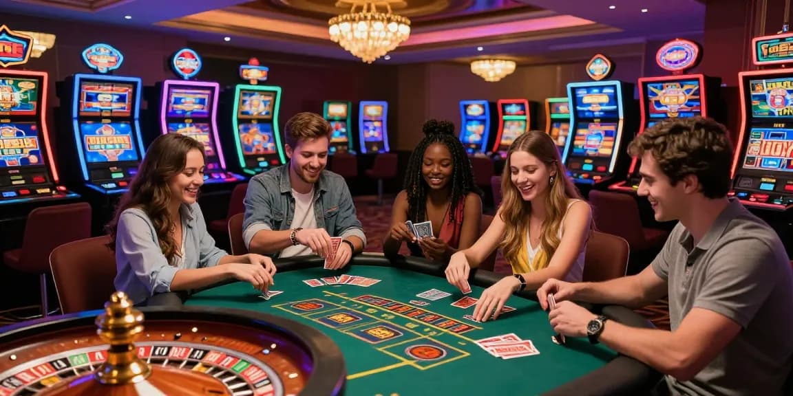Des amis profitant d'une expérience de jeu excitante dans un casino fiable en ligne, entourés de machines à sous vibrantes et de jeux de cartes.
