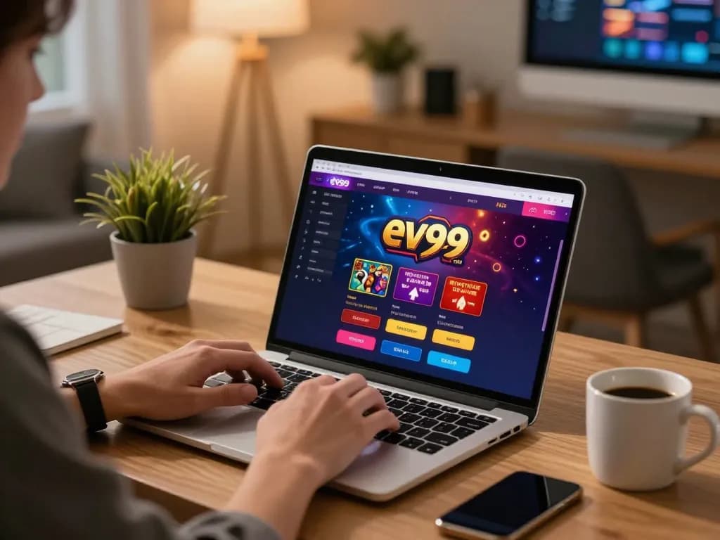 Engaging in online gaming on ev99 com with vibrant interface displayed on a laptop in a cozy home setting.