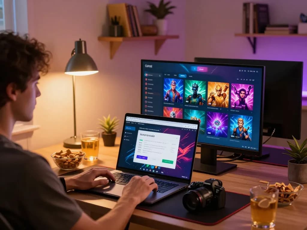 Playing with sunwinapk in a cozy home setup featuring vibrant gaming scenes and engaging atmosphere.