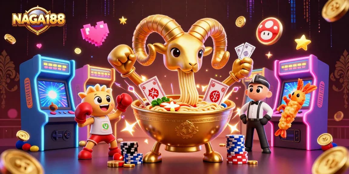 NAGA188 memanjakan penggemar judi dengan gambar ceria kasino interaktif menampilkan kartun ramen emas.