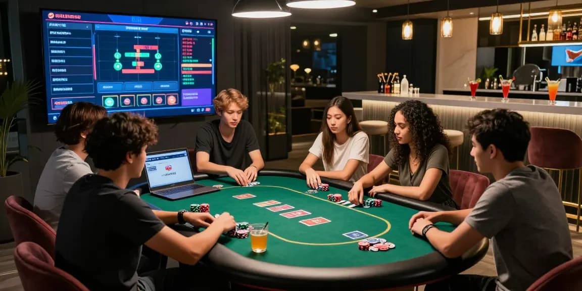 Friends enjoying a lively poker night using rokok88 alternatif in a vibrant gaming lounge.