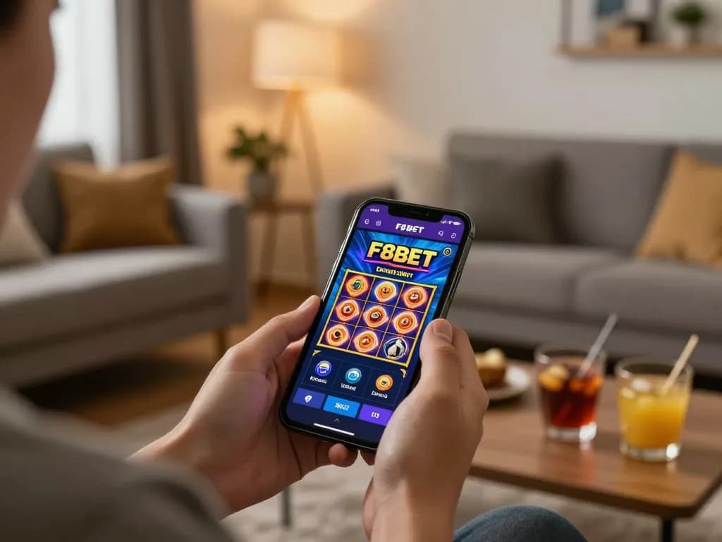 Engaging with the F8BET mobile app showcasing vibrant casino games in a cozy home setting.