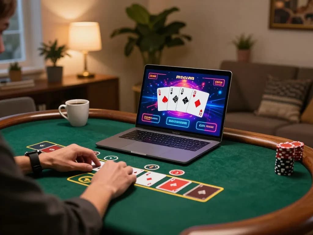 Player at home engaging in online blackjack on a laptop, showcasing the interactive s666 gaming experience.