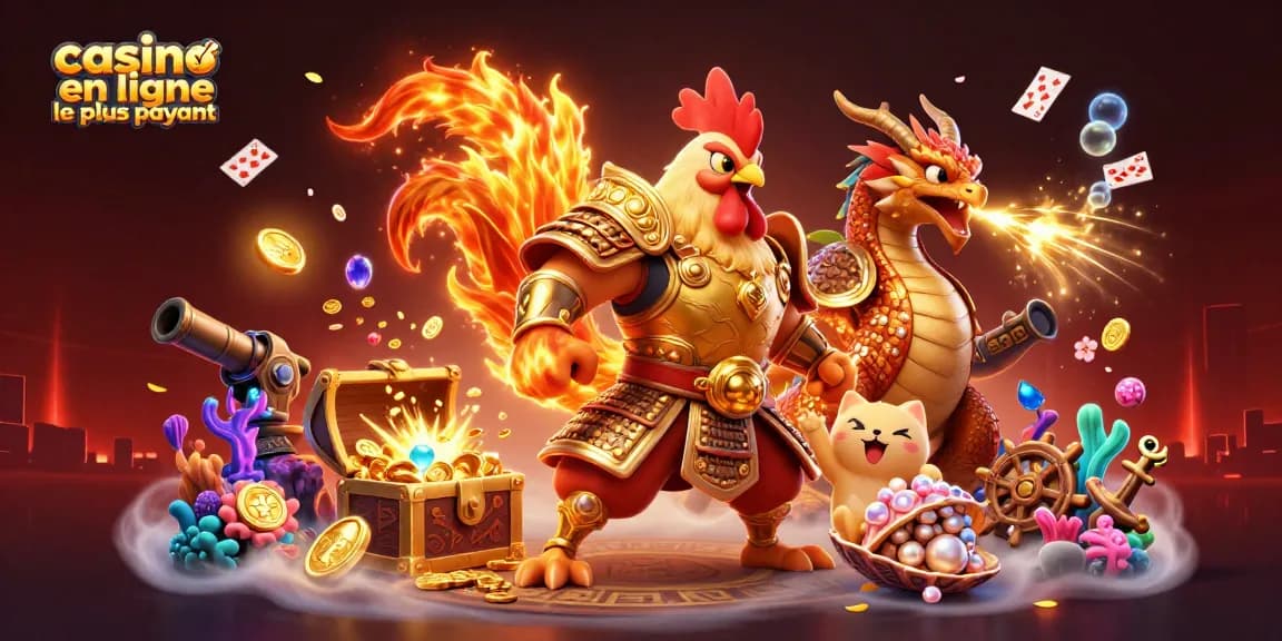 Illustration dynamique représentant le casino en ligne le plus payant avec un guerrier coq et un dragon, entourés de richesses.