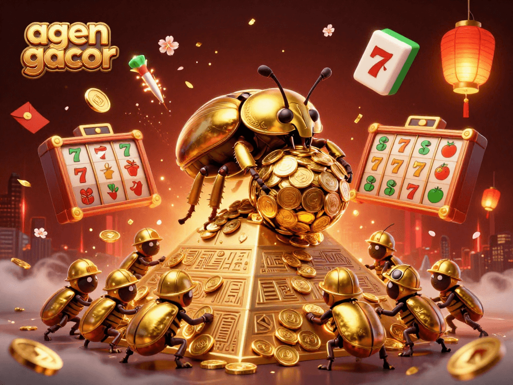 Experience thrilling fun at agen gacor with a cartoon beetle surrounded by slot symbols and vibrant colors.