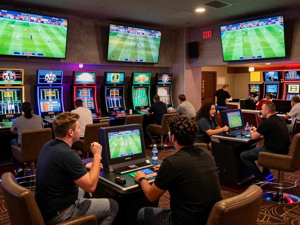 Engaged bettors placing wagers in an exciting trang cá cược bóng đá atmosphere with live match screens